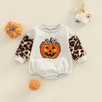 FOCUSNORM 0-18M Infnat Copii Băieți Fete de Halloween Romper Leopard Mozaic Maneca Lunga Dovleac Tricou Imprimat Salopeta