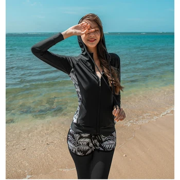 Femei Hoodie Rash Guard 5pcs/set Soare UV Protectie cu Maneca Lunga cu Gluga Înot, Surfing Topuri+Fund Plin Zip Fata costume de Baie