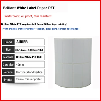 AIBIER Hârtie Impermeabilă 35x15mm*5000pcs/1Roll Transfer Termic Gol Brillant White COMPANIE de coduri de Bare Adezive Imprimate, Etichete Autocolant