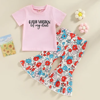 ma&copilul de 1-5 ANI Copil Copil Copil Copil Haine Fete Seturi Litera T-shirt cu Print Floral Flare Pantaloni pentru Copii Haine de Vară d01