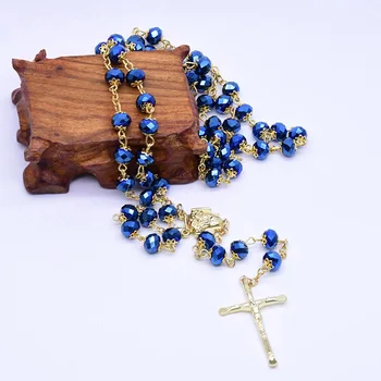 Albastru de Cristal de Sticlă Rozariul Margele Colier Isus Crucea Pandantiv Colier pentru Femei Religioasă Catolică Rugăciune de Binecuvântare Cadouri Bijuterii
