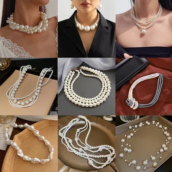 Mare Alb Perla Cravată Colier Clavicula Lanț Moda Colier Pentru Femei Partid Declarație Gât Perle Bijuterii