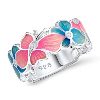 De Vânzare la cald Argint 925 Email Floare Fluture & Infinită Dragoste Deschide Albastru Cristal CZ Inele pentru Femei Bijuterii de Nunta Cadou