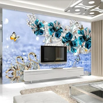 wellyu Personalizat tapet 3d picturi murale de lux swan flori albastre de apa model de bijuterii de TELEVIZIUNE de fundal de hârtie de perete actele de pared murală