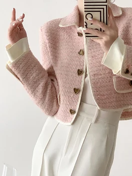 2023 Toamna Mici, Parfumate Sacou De Tweed Coat Femei Vintage Lână Semipalton Streetwear Elegant Casual Slim Uza Culturilor Sus