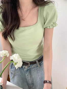 Woherb Vara 2023 Casual de Bază Topuri tricou Femei 7 Culori Piața Guler coreean Chic Slim Crop Tee Shirt Y2k Puff Maneca Blusa