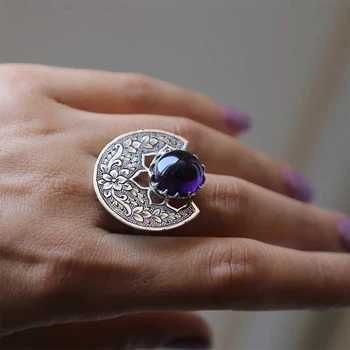 1buc Partid de sex Feminin Bijuterii Vintage Etnice Violet Cristal Ring Doamnelor Boem Culoare Argintie Flori Sculptate Ventilator în Formă de Inele