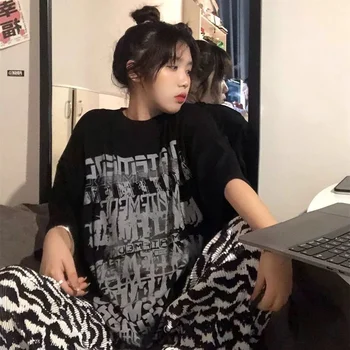 Harajuku Scrisoare de Imprimare Negru Scurt cu mâneci lungi tricou Femei Hip-hop Vara Noi BF Vânt de Imprimare Student T-shirt femei Libere Topuri