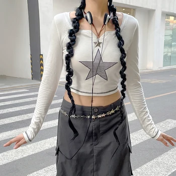 Y2K Haine Star Grafic Grunge Copil de Vara Tricou Crop Topuri 2000 Streetwear Harajuku Goth mâneci lungi T-shirt emo Grunge