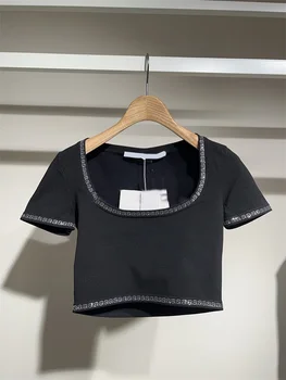 Primavara-Vara Slim Fit Scoop Neck Top Fierbinte Diamant Negru cu Maneci Scurte T-shirt Femei de Moda