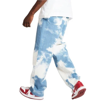 Europene și Americane de Bărbați Vrac Blugi Albastru și Alb Moire Moda Respirabil Direct Pantaloni Hip Hop Sport Casual Pantaloni