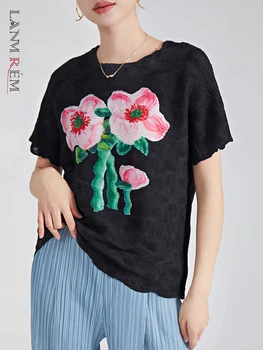 LANMREM T-shirt Pentru Femei Designer Tipărite de Flori Mâneci Scurte Gât Rotund Subțire Topuri Casual Haine de sex Feminin 2023 Noi 2YA2851