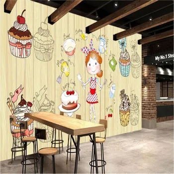 Personalizat Drăguț Tort Desert Magazin Industrial Decor Mural Tapet 3D Cupcake Studio Galben Cereale Lemn Fundal de Hârtie de Perete 3D
