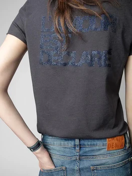 Scrisoare Strass Femei T-shirt Bumbac V Neck Vintage Maneca Scurta Moda T-shirt Casual Tricouri Topuri de Vara pentru Femeie Haine 2023