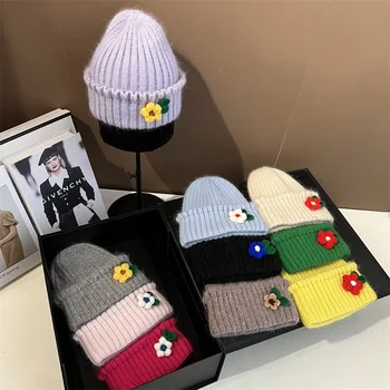 2022 Design Căciuli de Lână Pălărie Bomboane de Culoare Fată Floare Dulce de Vânt Pulover Tricotate Capac Toamna și Iarna Noi Dantela Pălării pentru Femei