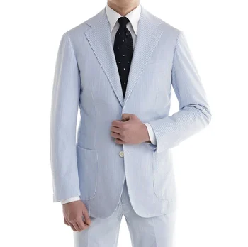 Albastru Cu Dungi Barbati Costume Sacou Slim Fit 2 Piese De Înaltă Calitate Personalizate Pentru Nunta Mire Uzura Formale/De Afaceri De Sex Masculin Haine