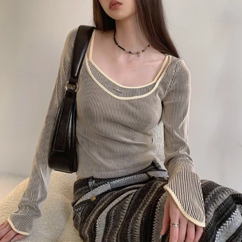 Streetwear Fals Două Piese Casual cu mâneci Lungi T-shirt Femei 2023 Primăvară Noi coreene Culoare de Contrast Dungi Sexy Slim Crop Topuri