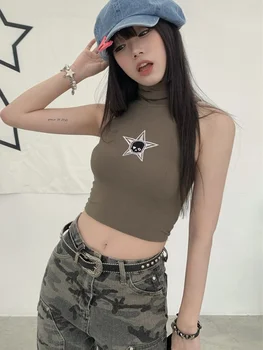 Y2k Estetica Tricotate Rezervor Topuri pentru Femei de Moda coreeană Guler Teuri Grunge Craniu de Imprimare T-shirt fără Mâneci Culturilor Sus Streetwear