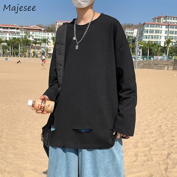 Bărbați Mânecă Lungă T-shirt Rupt Hainele de Vară de Moda High Street Harajuku Toate-meci Frumos coreean Adolescenti Populare Rece Umflat