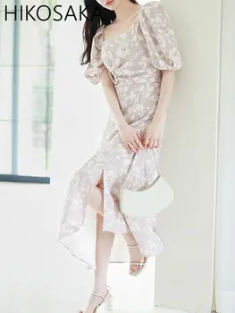 Japonia Dulce Zână Puff Maneca Rochii Cataramă Renunță Slim Wasit Vintage Print Vestidos De Vară 2023 Pătrat Elegant Guler Robe
