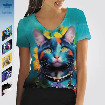 Animale drăguț Amuzant Cat de Imprimare de Îmbrăcăminte Pentru Femei V-neck Short Sleeve Tee de sex Feminin Stil Harajuku Vara 3D Retro Acid Aradient Sus