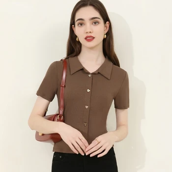 Vara Culoare Solidă Simplu Slim Tricou Polo cu Maneci Scurte T-shirt pentru Femei Rever Subțire Butonul de Sus