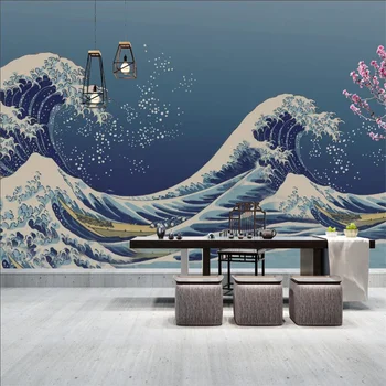 Japoneză Ukiyo-e Val Fundal Albastru Murale, imagini de Fundal pentru Camera de zi Dormitor Restaurant de Sushi Industriale Decor de Perete de Hârtie 3D