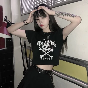 100% Bumbac T-shirt Femei Subcultură Y2K Gotice Punk Skull Print Punk Crop Top Femei pe Gât Rotund Maneca Scurta Harajuku T-shirt
