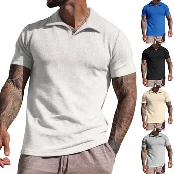 Bărbați Îmbrăcăminte de Vară Lapelstt-shirt pentru Bărbați Grele Waffleoversizeshort Maneca Culoare Solidă Casualvcollarpoloshirt