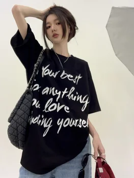 Scrisoare de Imprimare cu Maneci Scurte T-shirt Liber coreeană de Moda Topuri Casual Femei O de Gât Estetice Casual Grunge Harajuku Toate se Potrivesc Tees