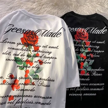 Vintage Florale de Trandafir Scrisoare Grafic T Shirt Bumbac de Înaltă Calitate Supradimensionate Confort Tee Topuri de Vară Mari 2XL Harajuku Alb Negru
