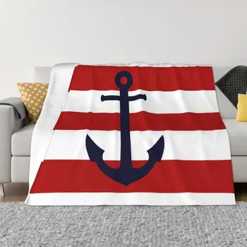 Nautical Navy Blue Anchor Pe Dungi Roșii Pături Flanel Cald Navigatie Marinar Arunca Pătură pentru Dormitor Birou Cuverturi de pat 1