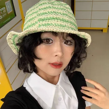 Japoneze Cu Dungi Contrastante Fără Adăpost Gol Găleată Pălărie Femei Versiunea Coreeană Ins Vacanta Plaja Pliabil Umbrelă De Soare Capac Bazin