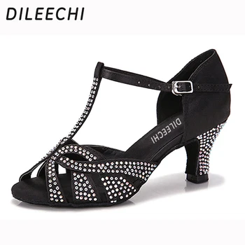 DILEECHI femei latine dans pantofi din satin diamante pătrat pantofi de dans, sandale de dans modern pantofi de culoare negru cu toc de 6 cm