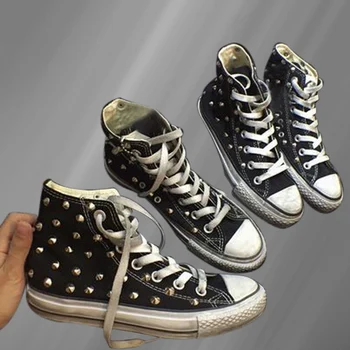 Negru high-top panza pantofi murdare și vechi nituri stradă sport hip-hop pantofi handmade nituri neutru vulcanizat pantofi 35-46