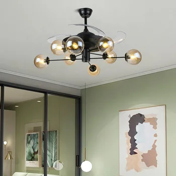 Led Ventilator De Tavan Pandantiv Lampa Candelabru Art Nordice Cu Maro Abajur De Sticla Neagra Pentru Living Dormitor Bar