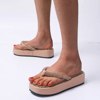 2022 Vara Noi Femei la Mijlocul Toc Sandale Flip Flops Stras Papuci de Modă în aer liber, Pantofi pentru Femei Plus Dimensiune