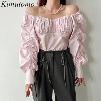 Kimutomo Elegant Vrac Solid Falduri de Design de Tricou Femeie Blând V-neck Mâneci Puff Simplu Bluza Versatila Valul Nou Ins