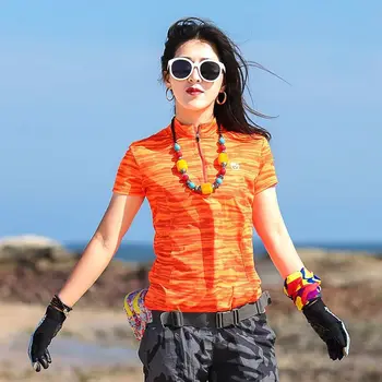 Femei Tricou de Sport cu Uscare Rapida, cu Mânecă Scurtă, Guler de Stand-Up de Camuflaj de Mari Dimensiuni Slăbire Drumeții Montane Uzură în aer liber