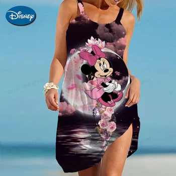 Vara Elastic Femei Rochii Casual Vacanță Pe Plajă Disney Mickey Mouse-Ul De Imprimare Cu Spatele Gol Femei Rochie Midi Boem Mujer Vestido