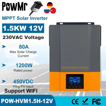 PowMr 1,5 KW 12V Hibrid Solar Invertor 230V PV Max 450V Construit în 80A MPPT Controler Solar Pure Sine Wave inverter