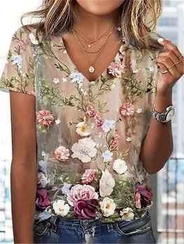 Florale Imprimare 3d T-shirt Femei de Moda T-shirt V-Gât Topuri Teuri Harajuku Casual Tricou Vocație Camiseta Îmbrăcăminte pentru Femei de Flori
