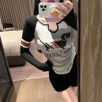 TB BROWIN Femei de Vara T-Shirt Câine Scrisoare de Bumbac cu Maneci Lungi de Sus Slim Design coreean Animal Top Sexy
