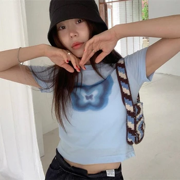SEXY Korean Y2k Topuri de Cultură 2023 Ropa Mujer de Vara Tricouri Femei Îmbrăcăminte de Moda Casual, Teuri Fluture Gradient Print T Shirt