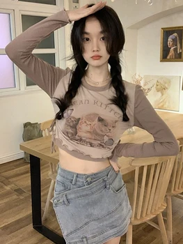 Dantelă-Up Tricou Femei Cat Grafic Crop Top De Sex Feminin O Gatului Maneca Lunga Top Y2k Doamnelor Stil Coreean Primavara Toamna Harajuku Topuri Tee