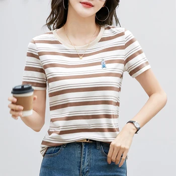 HI-Vara MODA Femei Moda coreeană Desene animate cu Maneci Scurte cu Dungi Tee Topuri Doamnelor Casual, O-Neck Slim Fit T-shirt Femme