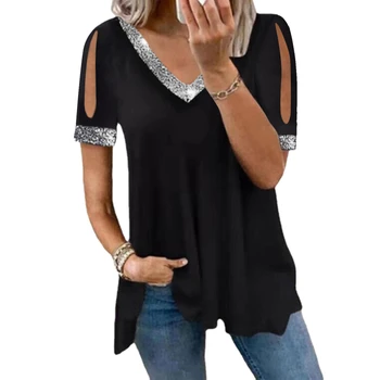 Moda pentru femei T-Shirt, Bluze de Vara cu Maneci Scurte de Pe Umăr Paiete de Culoare Solidă Ocversized Tricouri de sex Feminin