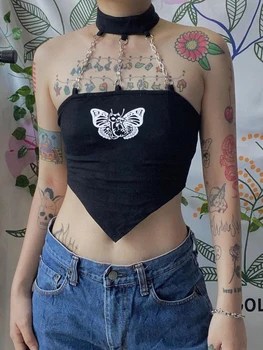 Grunge Mall Gotic Cravată Halter Top De Cultură Femei Fluture De Imprimare Skinny Sexy Bretele Întuneric Mediul Academic Topuri De Vara Retro